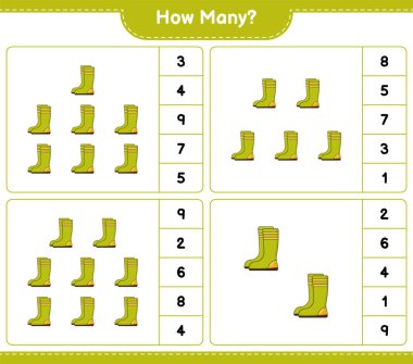 Sayma oyunu, kaç tane Rubber Boots. Eğitimsel çocuk oyunu, yazdırılabilir çalışma tablosu, vektör illüstrasyonu