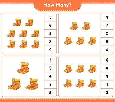 Maç sayısı, kaç çorap. Eğitimsel çocuk oyunu, yazdırılabilir çalışma tablosu, vektör illüstrasyonu