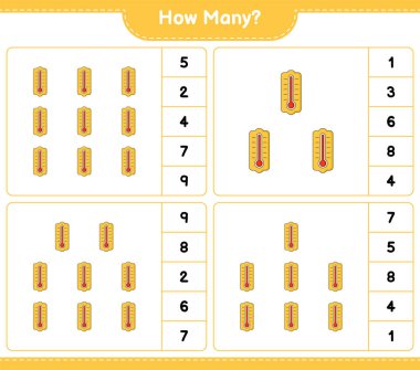 Maç sayısı, kaç termometre. Eğitimsel çocuk oyunu, yazdırılabilir çalışma tablosu, vektör illüstrasyonu
