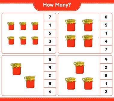 Oyun sayıyorum, kaç tane Jam var. Eğitimsel çocuk oyunu, yazdırılabilir çalışma tablosu, vektör illüstrasyonu