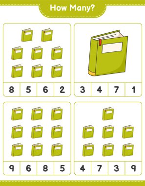 Oyun saymak, kaç kitap. Eğitimsel çocuk oyunu, yazdırılabilir çalışma tablosu, vektör illüstrasyonu