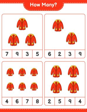 Maç saymak, kaç tane kalın giysi. Eğitimsel çocuk oyunu, yazdırılabilir çalışma tablosu, vektör illüstrasyonu