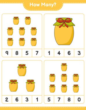 Oyun sayıyorum, kaç tane Jam var. Eğitimsel çocuk oyunu, yazdırılabilir çalışma tablosu, vektör illüstrasyonu