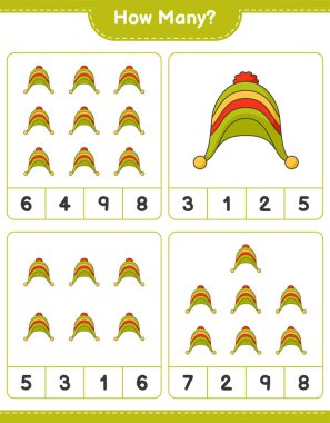 Sayma oyunu, kaç şapka. Eğitimsel çocuk oyunu, yazdırılabilir çalışma tablosu, vektör illüstrasyonu