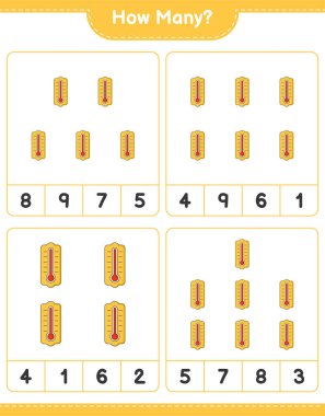 Maç sayısı, kaç termometre. Eğitimsel çocuk oyunu, yazdırılabilir çalışma tablosu, vektör illüstrasyonu