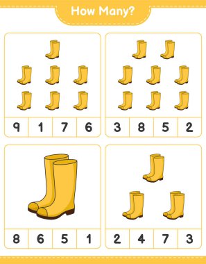 Sayma oyunu, kaç tane Rubber Boots. Eğitimsel çocuk oyunu, yazdırılabilir çalışma tablosu, vektör illüstrasyonu