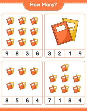 Oyun saymak, kaç kitap. Eğitimsel çocuk oyunu, yazdırılabilir çalışma tablosu, vektör illüstrasyonu