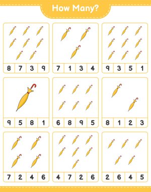 Maç sayısı, kaç Şemsiye. Eğitimsel çocuk oyunu, yazdırılabilir çalışma tablosu, vektör illüstrasyonu