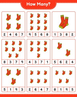 Maç sayısı, kaç çorap. Eğitimsel çocuk oyunu, yazdırılabilir çalışma tablosu, vektör illüstrasyonu