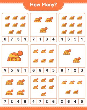 Sayma oyunu, kaç şapka. Eğitimsel çocuk oyunu, yazdırılabilir çalışma tablosu, vektör illüstrasyonu