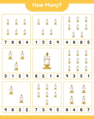 Maç sayısı, kaç mum. Eğitimsel çocuk oyunu, yazdırılabilir çalışma tablosu, vektör illüstrasyonu