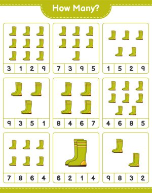 Sayma oyunu, kaç tane Rubber Boots. Eğitimsel çocuk oyunu, yazdırılabilir çalışma tablosu, vektör illüstrasyonu