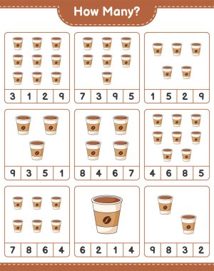 Maç sayısı, kaç kahve kupası. Eğitimsel çocuk oyunu, yazdırılabilir çalışma tablosu, vektör illüstrasyonu