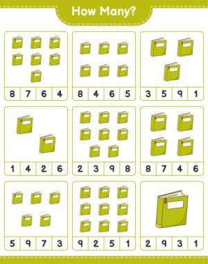 Oyun saymak, kaç kitap. Eğitimsel çocuk oyunu, yazdırılabilir çalışma tablosu, vektör illüstrasyonu