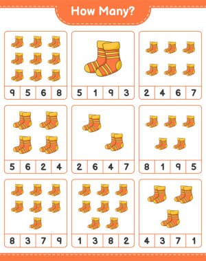 Maç sayısı, kaç çorap. Eğitimsel çocuk oyunu, yazdırılabilir çalışma tablosu, vektör illüstrasyonu