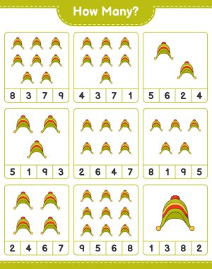 Sayma oyunu, kaç şapka. Eğitimsel çocuk oyunu, yazdırılabilir çalışma tablosu, vektör illüstrasyonu