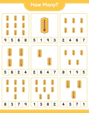 Maç sayısı, kaç termometre. Eğitimsel çocuk oyunu, yazdırılabilir çalışma tablosu, vektör illüstrasyonu
