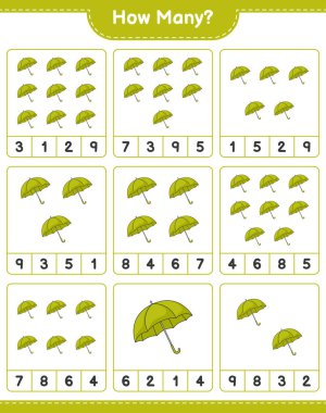 Maç sayısı, kaç Şemsiye. Eğitimsel çocuk oyunu, yazdırılabilir çalışma tablosu, vektör illüstrasyonu
