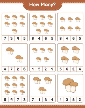 Kaç tane mantar mantarı olduğunu sayıyorum. Eğitimsel çocuk oyunu, yazdırılabilir çalışma tablosu, vektör illüstrasyonu