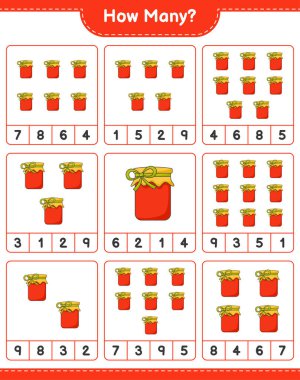 Oyun sayıyorum, kaç tane Jam var. Eğitimsel çocuk oyunu, yazdırılabilir çalışma tablosu, vektör illüstrasyonu