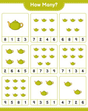 Oyun sayıyorum, kaç demlik. Eğitimsel çocuk oyunu, yazdırılabilir çalışma tablosu, vektör illüstrasyonu