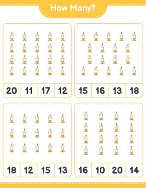 Maç sayısı, kaç mum. Eğitimsel çocuk oyunu, yazdırılabilir çalışma tablosu, vektör illüstrasyonu