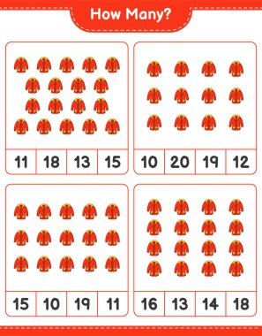 Maç saymak, kaç tane kalın giysi. Eğitimsel çocuk oyunu, yazdırılabilir çalışma tablosu, vektör illüstrasyonu