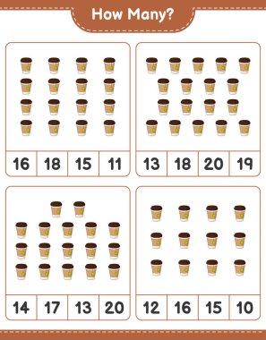 Sayma oyunu, kaç çay fincanı. Eğitimsel çocuk oyunu, yazdırılabilir çalışma tablosu, vektör illüstrasyonu