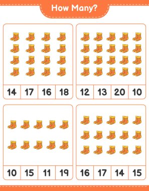 Maç sayısı, kaç çorap. Eğitimsel çocuk oyunu, yazdırılabilir çalışma tablosu, vektör illüstrasyonu