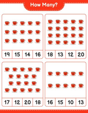 Maç sayısı, kaç kahve kupası. Eğitimsel çocuk oyunu, yazdırılabilir çalışma tablosu, vektör illüstrasyonu