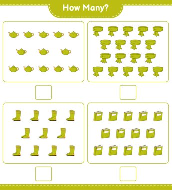 Sayma oyunu, kaç tane atkı, kitap, lastik bot ve çaydanlık. Eğitimsel çocuk oyunu, yazdırılabilir çalışma tablosu, vektör illüstrasyonu