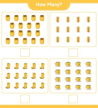 Sayma oyunu, kaç termometre, lastik bot, çay fincanı ve reçel. Eğitimsel çocuk oyunu, yazdırılabilir çalışma tablosu, vektör illüstrasyonu