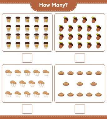 Oyun sayısı, kaç tane meşe palamudu, çay fincanı, turta ve mantar mantarı. Eğitimsel çocuk oyunu, yazdırılabilir çalışma tablosu, vektör illüstrasyonu