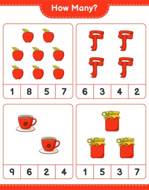 Sayma oyunu, kaç tane reçel, kahve kupası, elma ve fular. Eğitimsel çocuk oyunu, yazdırılabilir çalışma tablosu, vektör illüstrasyonu