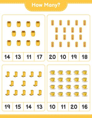 Sayma oyunu, kaç termometre, lastik bot, çay fincanı ve reçel. Eğitimsel çocuk oyunu, yazdırılabilir çalışma tablosu, vektör illüstrasyonu