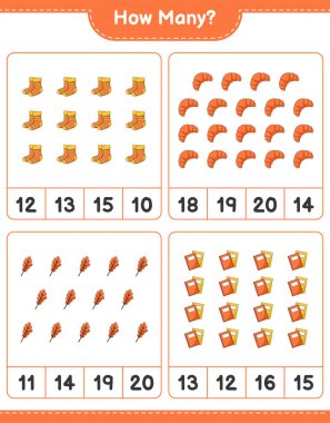 Sayma oyunu, kaç meşe yaprağı, çorap, kitap ve kruvasan. Eğitimsel çocuk oyunu, yazdırılabilir çalışma tablosu, vektör illüstrasyonu