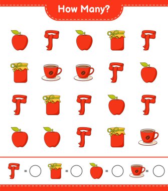 Sayma oyunu, kaç tane reçel, kahve kupası, elma ve fular. Eğitimsel çocuk oyunu, yazdırılabilir çalışma tablosu, vektör illüstrasyonu