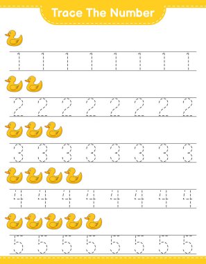 Numarayı takip et. Rubber Duck 'ın takip numarası. Eğitimsel çocuk oyunu, yazdırılabilir çalışma tablosu, vektör illüstrasyonu