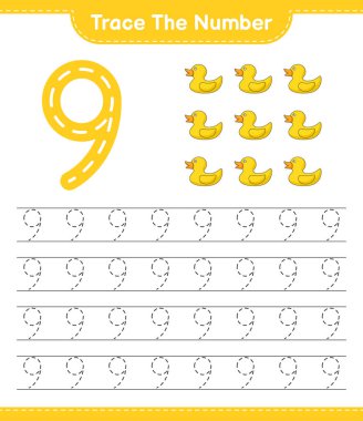 Numarayı takip et. Rubber Duck 'ın takip numarası. Eğitimsel çocuk oyunu, yazdırılabilir çalışma tablosu, vektör illüstrasyonu