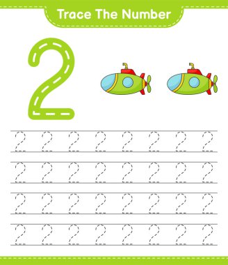 Numarayı takip et. Denizaltının takip numarası. Eğitimsel çocuk oyunu, yazdırılabilir çalışma tablosu, vektör illüstrasyonu