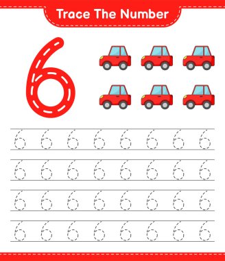 Numarayı takip et. Car 'ın takip numarası. Eğitimsel çocuk oyunu, yazdırılabilir çalışma tablosu, vektör illüstrasyonu