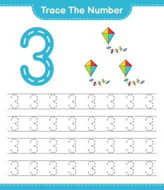 Numarayı takip et. Kite 'ın takip numarası. Eğitimsel çocuk oyunu, yazdırılabilir çalışma tablosu, vektör illüstrasyonu