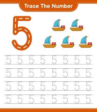 Numarayı takip et. Tekne numarasının izini sürüyorum. Eğitimsel çocuk oyunu, yazdırılabilir çalışma tablosu, vektör illüstrasyonu