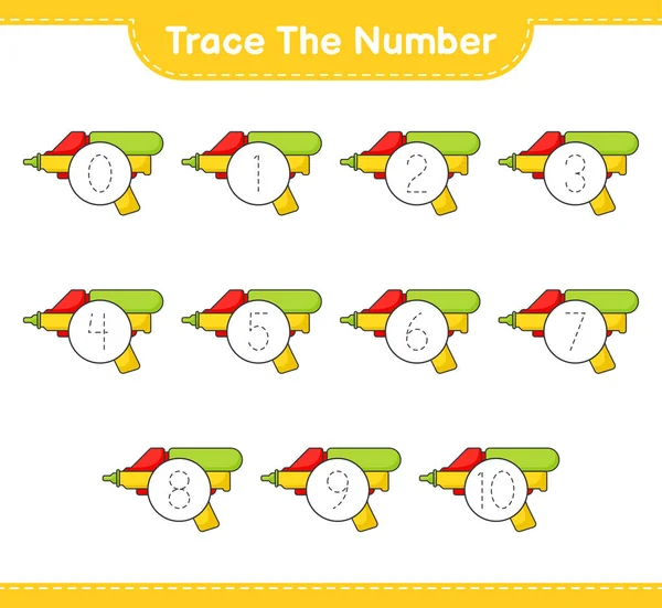 番号を追跡しろ 水銃で番号を追跡する 教育用子供ゲーム 印刷可能なワークシート ベクトルイラスト — ストックベクタ