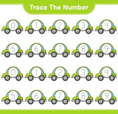 Numarayı takip et. Car 'ın takip numarası. Eğitimsel çocuk oyunu, yazdırılabilir çalışma tablosu, vektör illüstrasyonu