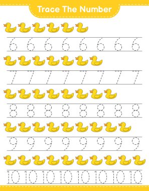 Numarayı takip et. Rubber Duck 'ın takip numarası. Eğitimsel çocuk oyunu, yazdırılabilir çalışma tablosu, vektör illüstrasyonu
