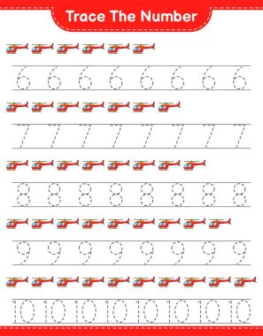 Numarayı takip et. Helikopterin takip numarası. Eğitimsel çocuk oyunu, yazdırılabilir çalışma tablosu, vektör illüstrasyonu