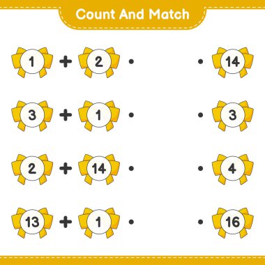 Say ve eşleştir, kurdele sayısını say ve doğru numaralarla eşleştir. Eğitimsel çocuk oyunu, yazdırılabilir çalışma tablosu, vektör illüstrasyonu