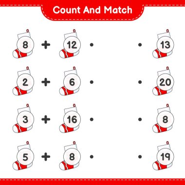 Say ve eşleştir, Noel çorabının sayısını say ve doğru rakamlarla eşleştir. Eğitimsel çocuk oyunu, yazdırılabilir çalışma tablosu, vektör illüstrasyonu