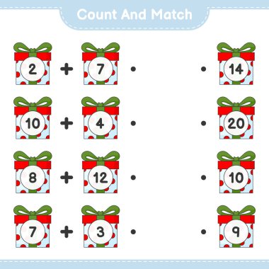 Say ve eşleştir, hediye kutusunun sayısını say ve doğru numaralarla eşleştir. Eğitimsel çocuk oyunu, yazdırılabilir çalışma tablosu, vektör illüstrasyonu